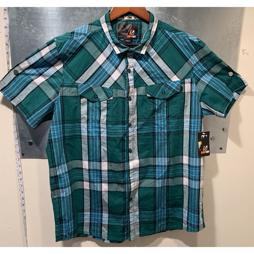 Amplify Cowboy Western Button Up Green/Blue/Black Plaid Short Sleeve  XL NEW